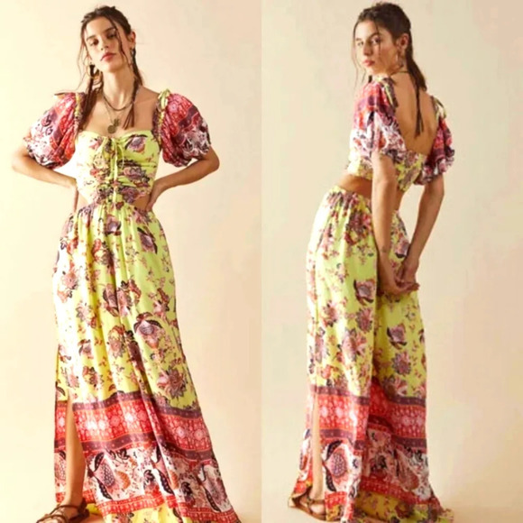 Free People Bali Citrus Skies Jumpsuit in Lemon Mango size Medium Resort Vaca - Picture 9 of 9